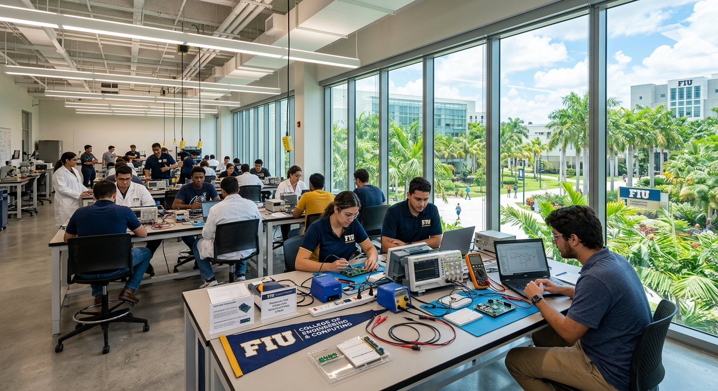 Modern engineering laboratory at Florida International University with students working on circuit boards and electronic equipment, tropical campus visible through large windows, bright fluorescent lighting