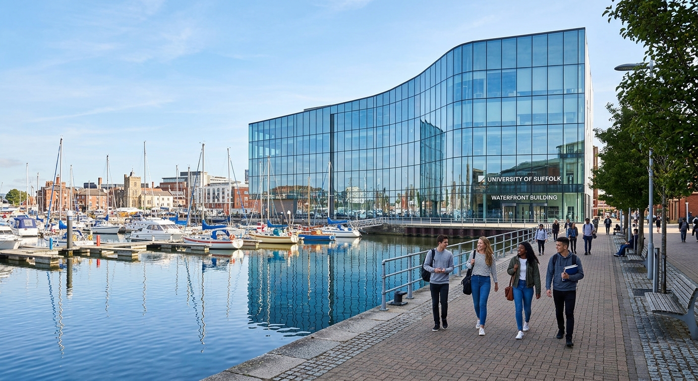 University of Suffolk Waterfront Building exterior, modern glass facade reflecting Ipswich marina waters, students walking along waterfront promenade, clear day