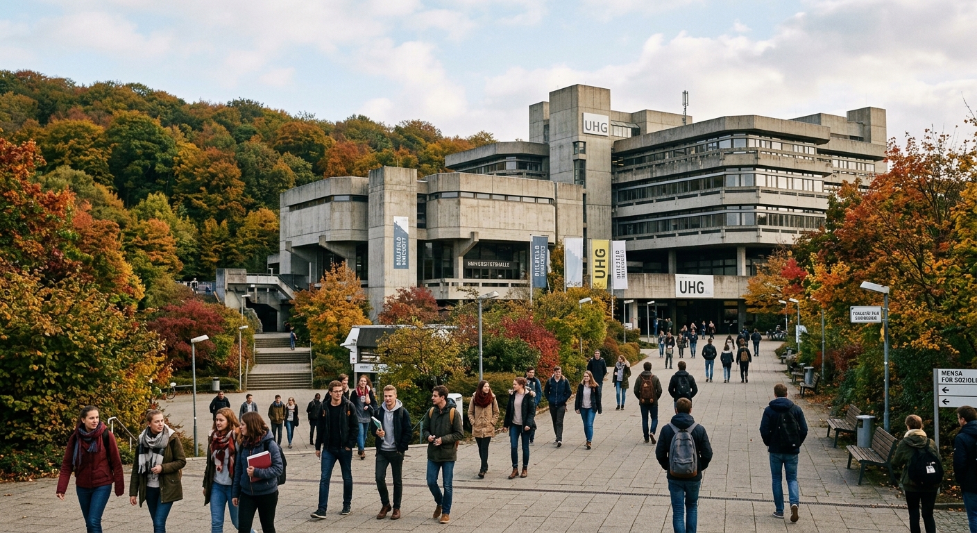 Modern university campus in Bielefeld Germany, large concrete brutalist architecture building surrounded by green Teutoburg Forest, students walking on pathways, autumn light, European academic atmosphere