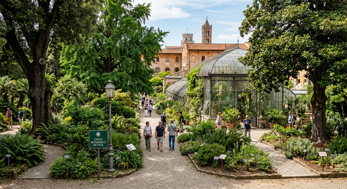 University of Pisa Botanical Garden with lush green plants, ancient trees, glasshouses, and pathways winding through the oldest academic botanical garden in Europe