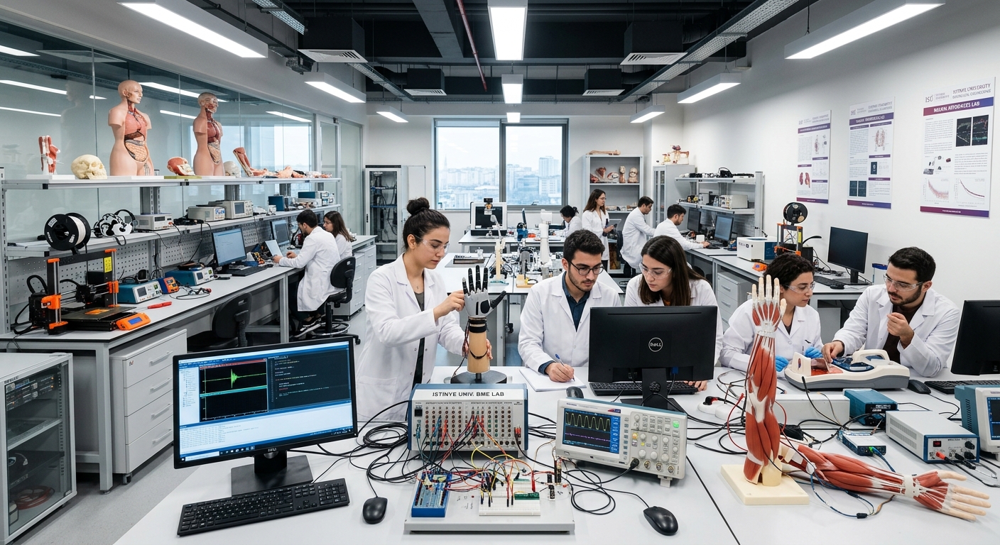 Modern biomedical engineering laboratory at Istinye University Istanbul, students working with medical devices and electronic equipment, bright clinical lighting, anatomical models and computer screens visible