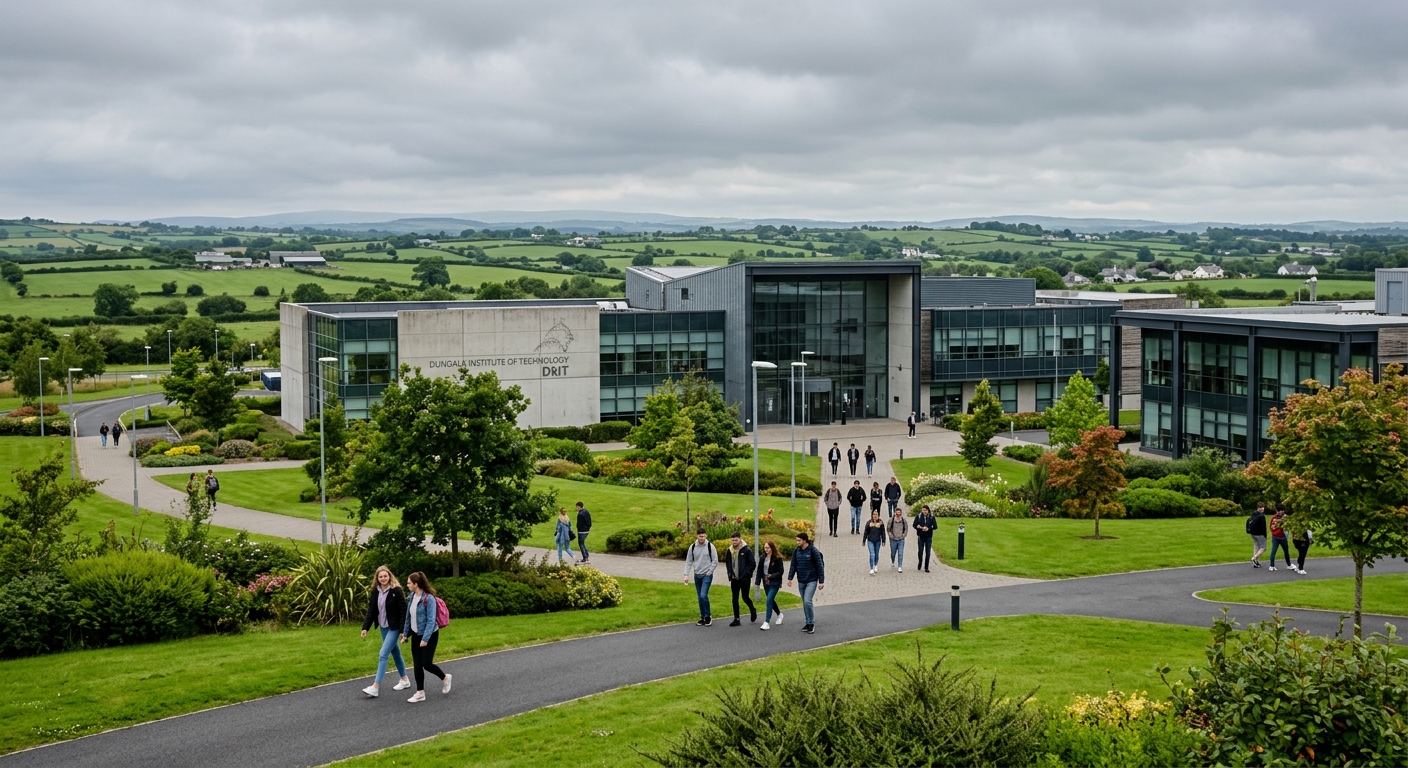 Modern campus building at Dundalk Institute of Technology with green landscaped grounds, students walking along pathways, Irish countryside visible in the background, overcast sky typical of County Louth Ireland