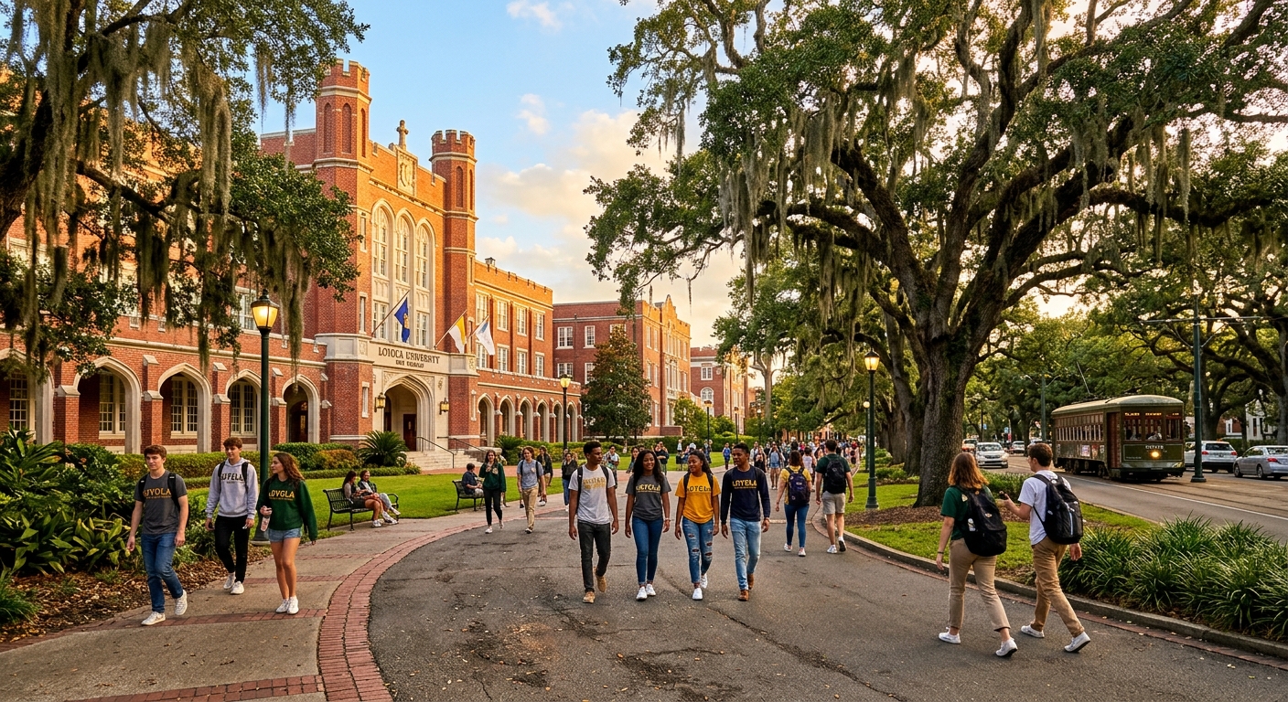 Historic red-brick campus buildings of Loyola University New Orleans along St. Charles Avenue, oak trees with Spanish moss, students walking on pathways, warm Louisiana sunlight