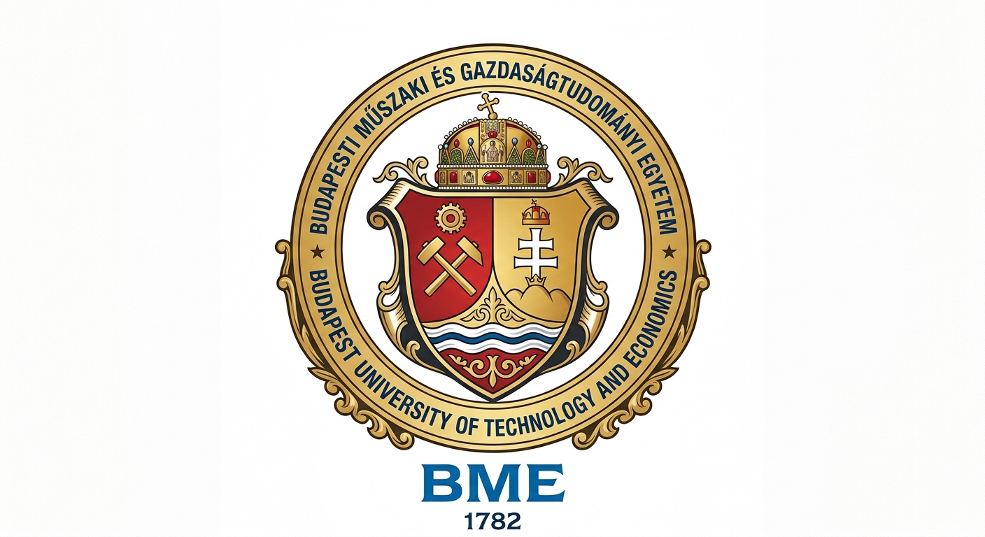 Budapest University of Technology and Economics BME official logo, shield emblem with crown and crossed tools on white background