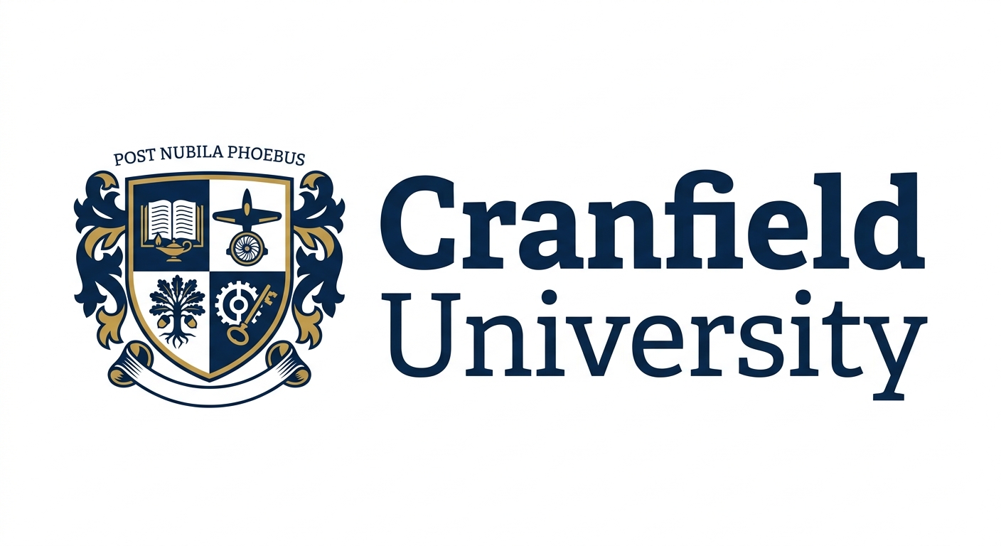 Cranfield University official logo, featuring the university crest with a shield and the words Cranfield University in dark blue text on a white background