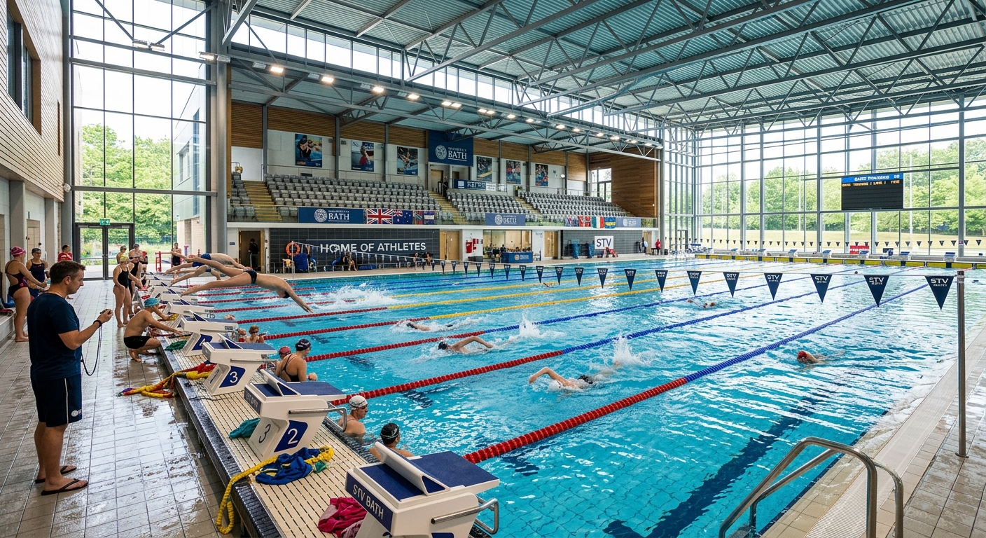 University of Bath Sports Training Village interior, Olympic-standard swimming pool with lanes, athletes training, modern sports facility with high ceilings and natural light