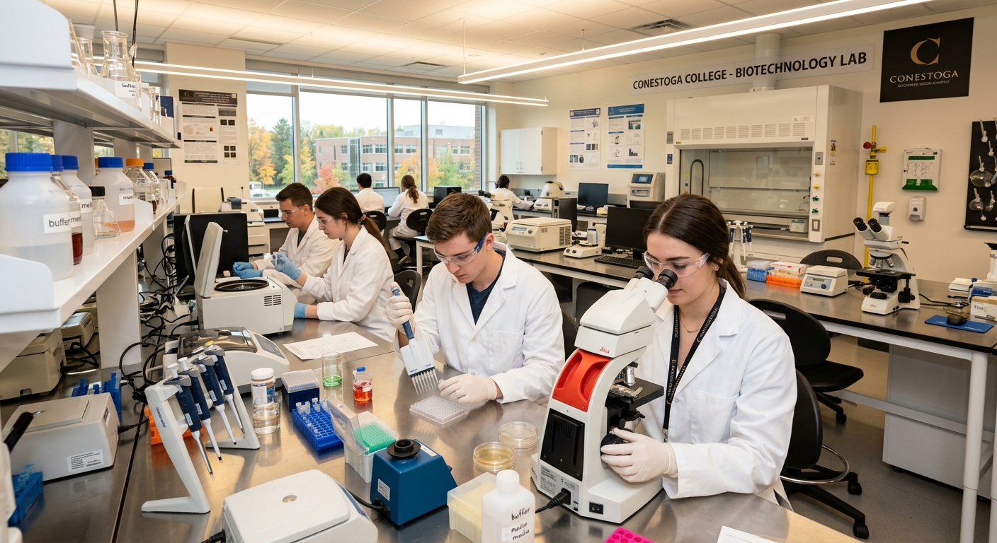 Modern biotechnology laboratory at Conestoga College with students in lab coats using microscopes and pipettes, bright overhead lighting, organized lab benches with scientific equipment, Kitchener Ontario campus setting