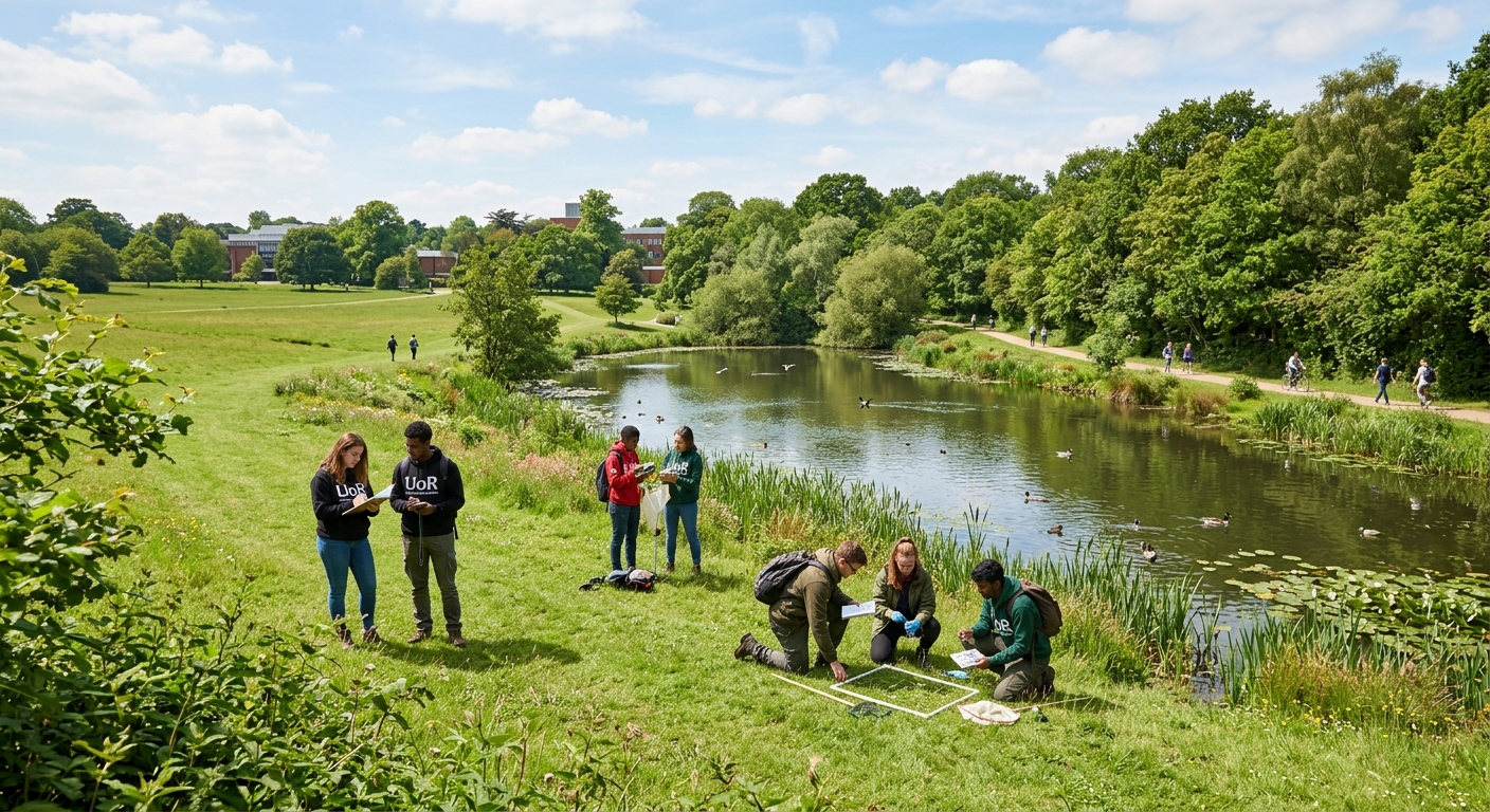University of Reading Whiteknights campus with lush green meadows, mature woodlands, and a lake surrounded by diverse wildlife habitats, students conducting fieldwork in a natural setting under bright daylight