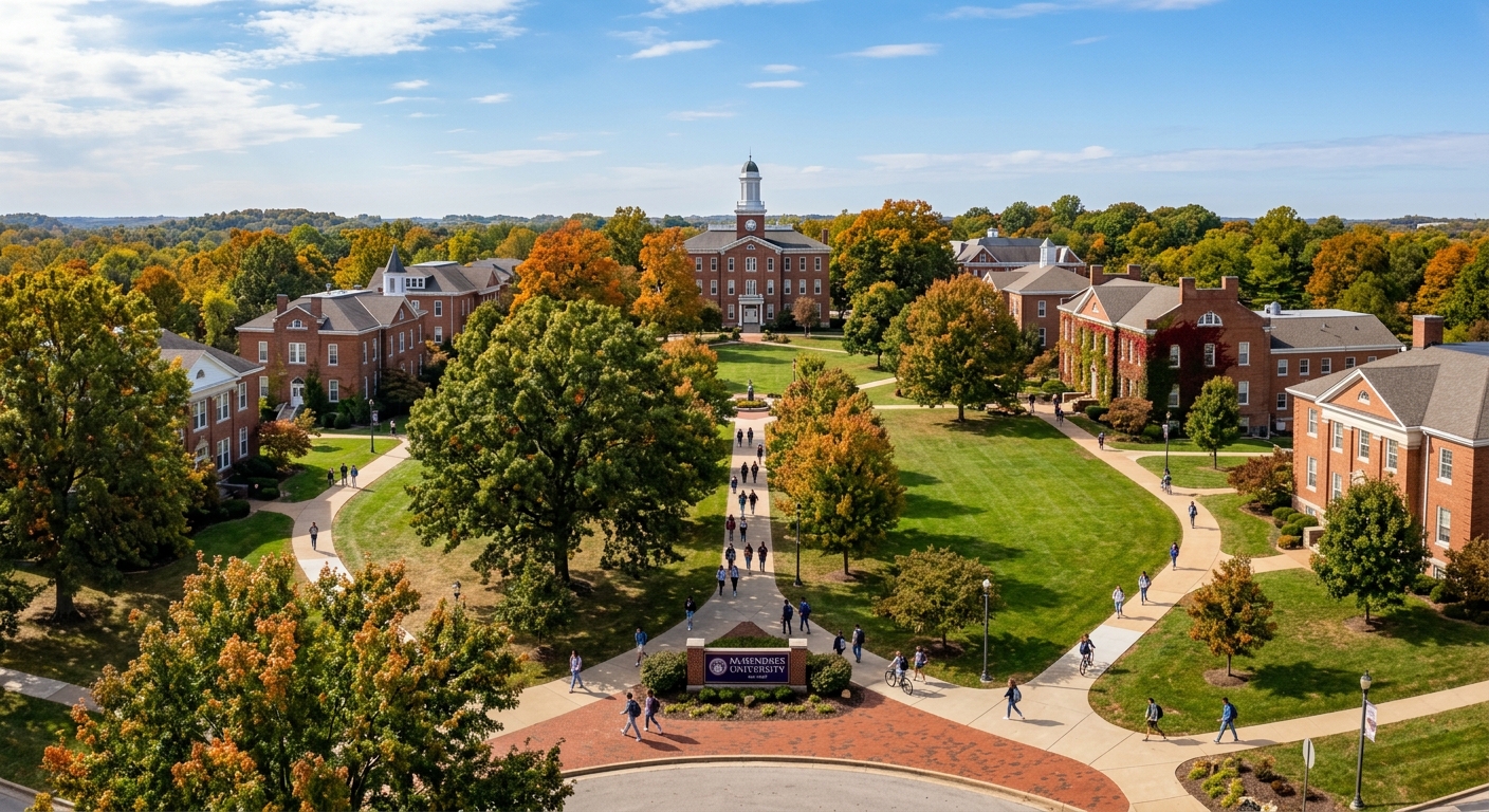 McKendree University campus wide shot showing historic brick buildings and tree-lined walkways on a 235-acre wooded campus in Lebanon Illinois, with Old Main building visible, green lawns, and students walking between buildings on a sunny day