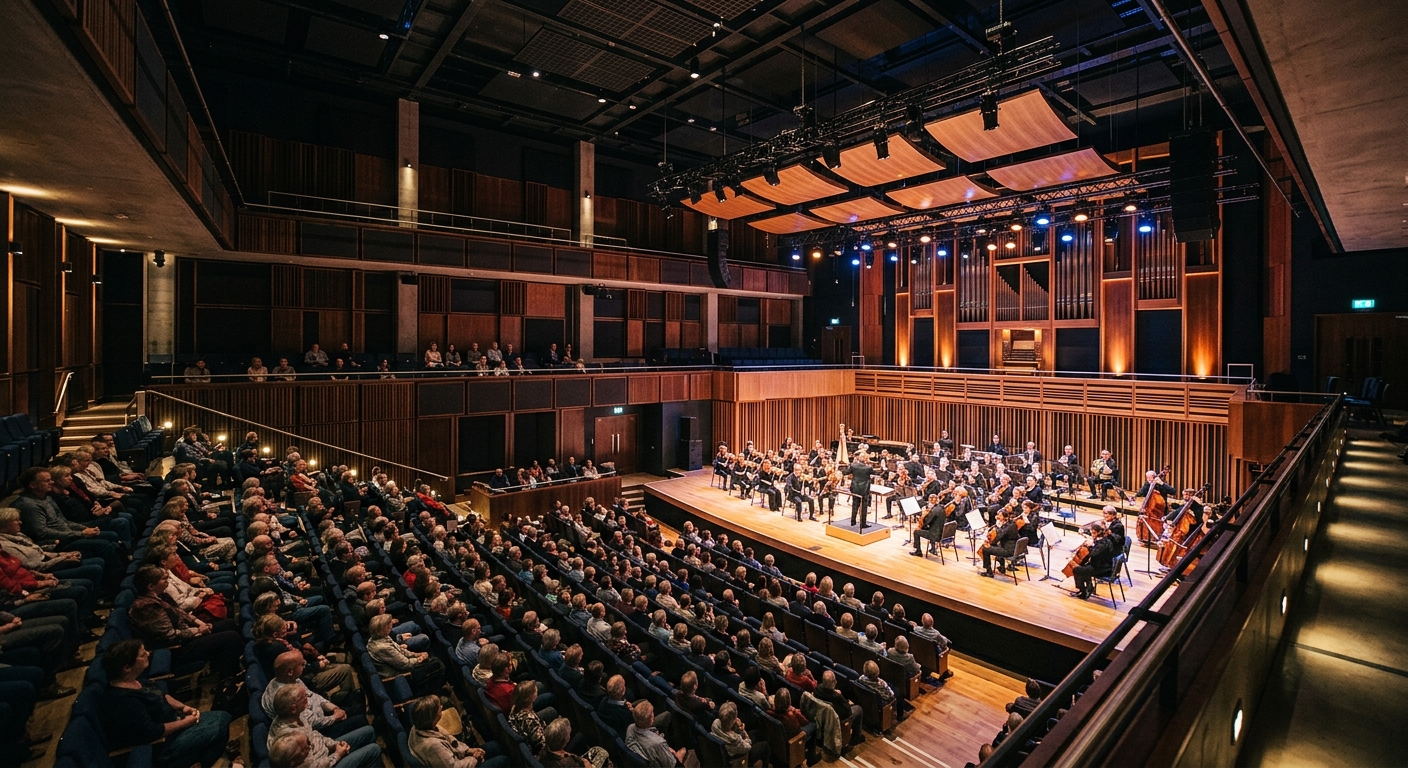 Middleton Hall concert venue at University of Hull, modern auditorium interior with tiered seating, stage lighting, and acoustic panels