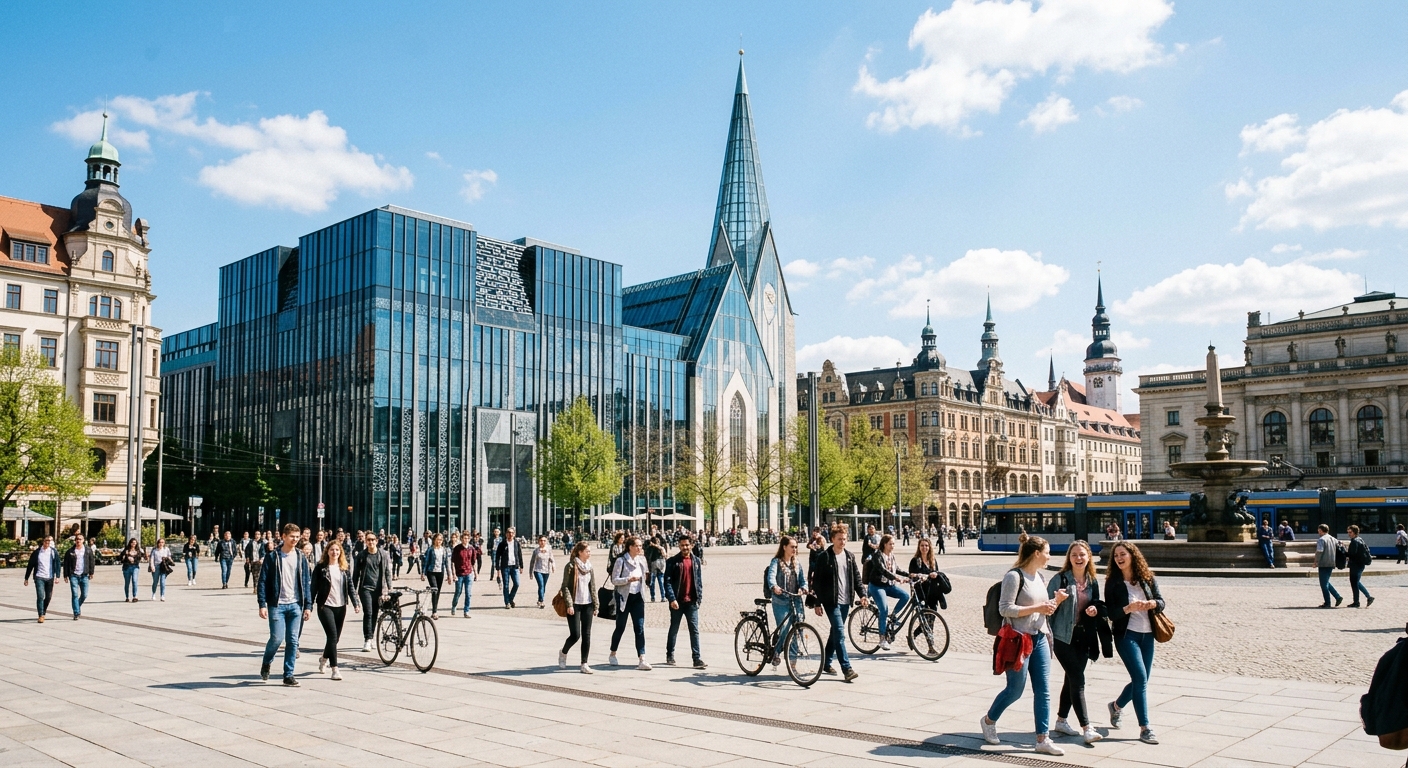 Historic University of Leipzig campus with the modern Augusteum building and Paulinum on Augustusplatz, students walking across the square on a sunny day, European city architecture in the background