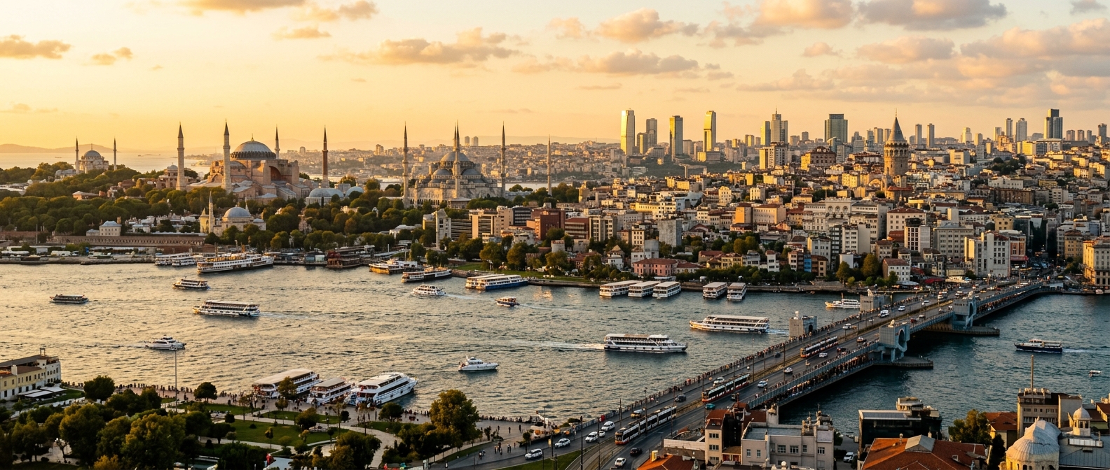 Panoramic view of Istanbul skyline showing the Bosphorus strait, historic mosques with minarets, Galata Tower, modern skyscrapers in background, boats on the water, golden sunset light