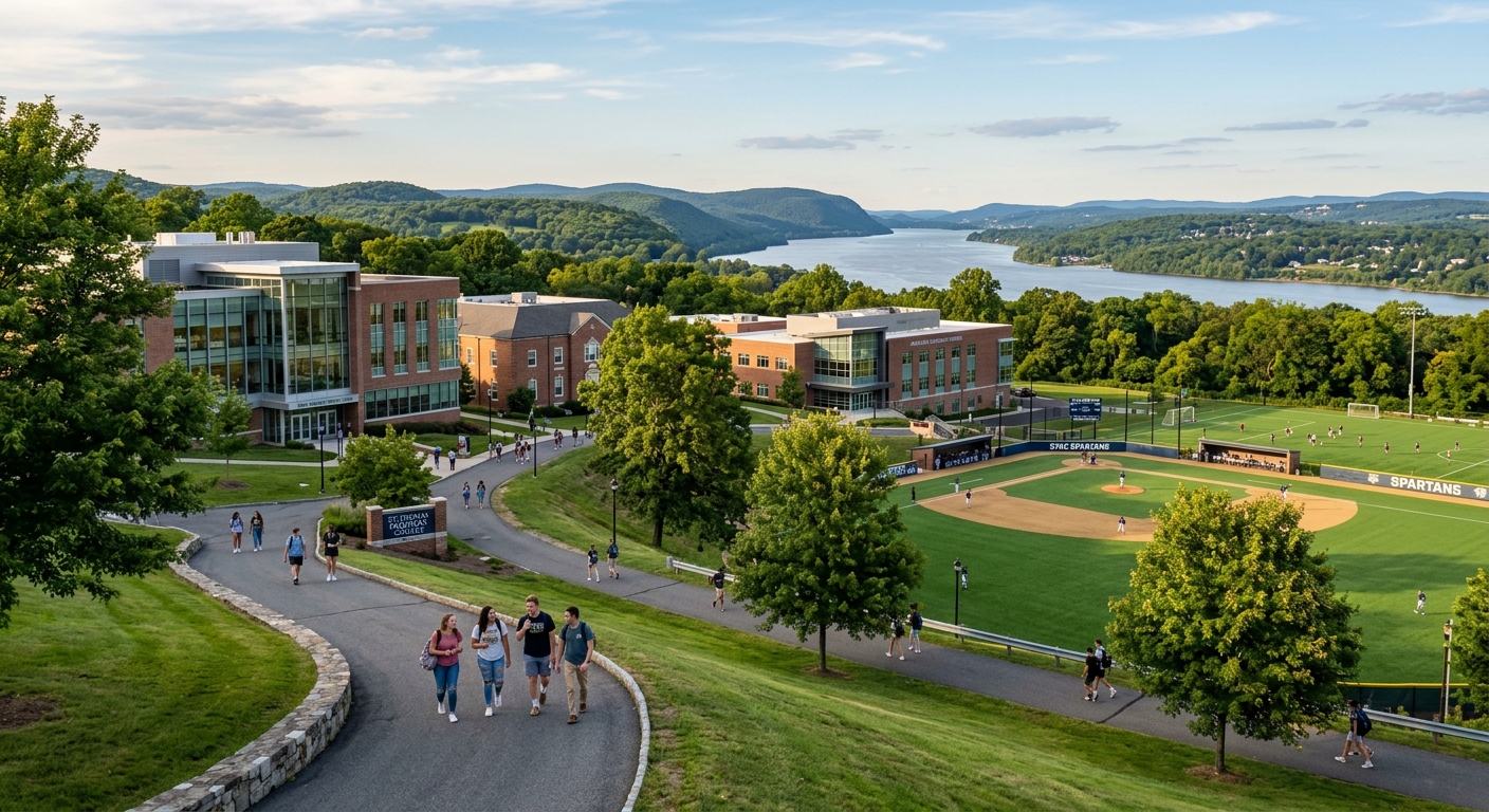 Suburban college campus of St. Thomas Aquinas College in Sparkill New York, green athletic fields, modern academic buildings, students walking along tree-lined pathways with Hudson River Valley in the background