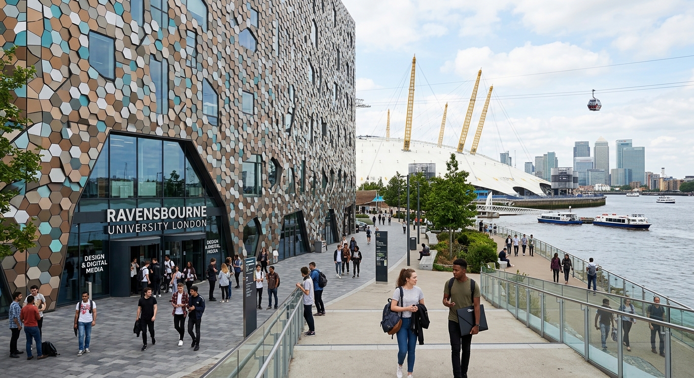 Modern Ravensbourne University London campus building with geometric facade on Greenwich Peninsula, students walking near the O2 Arena, creative design district setting with Thames river views