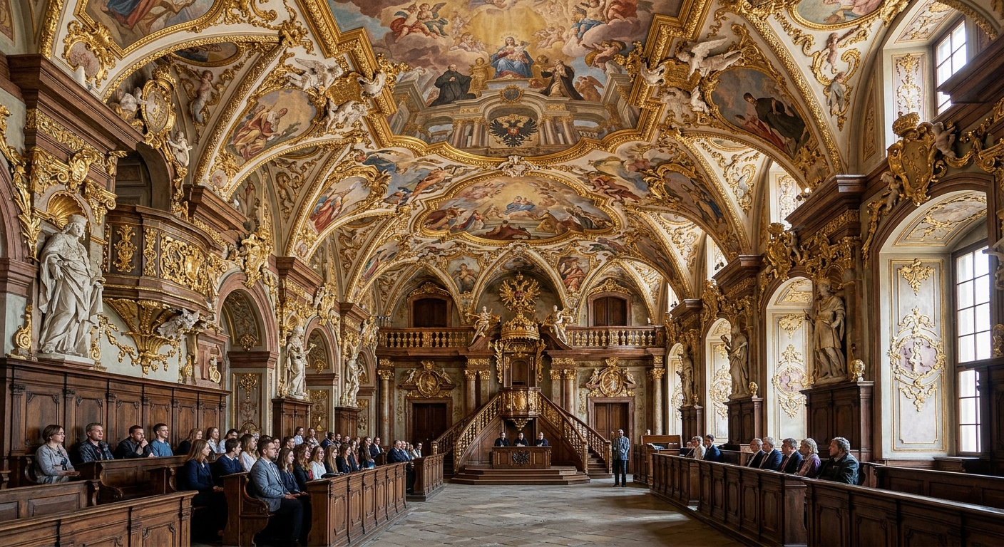 University of Wroclaw Baroque main building Aula Leopoldina interior with ornate frescoes, gilded decorations, and historic wooden seating