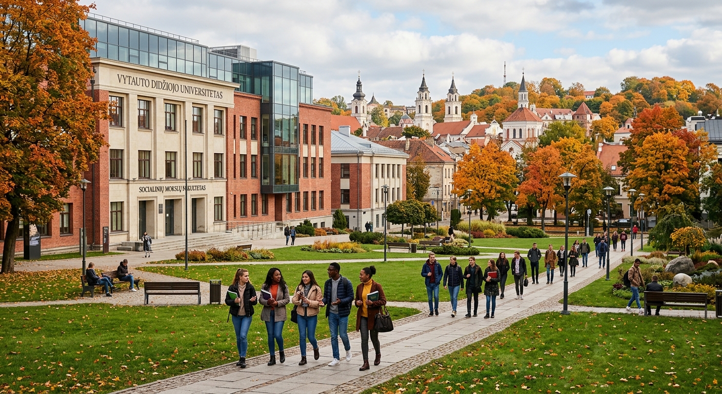 Modern university campus in Kaunas Lithuania with historic architecture, students walking through green courtyard, Faculty of Social Sciences building, European city backdrop with autumn trees
