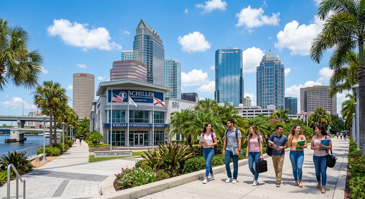 Modern downtown Tampa Florida skyline with glass office towers, Schiller International University campus building, international students walking with laptops and books, palm trees and sunny blue sky