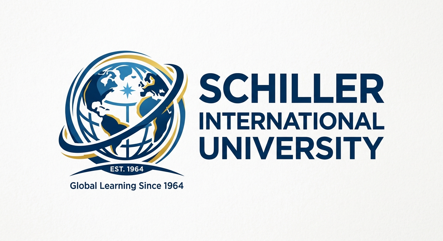 Schiller International University official logo featuring the university name in dark blue text with a stylized globe emblem representing international education