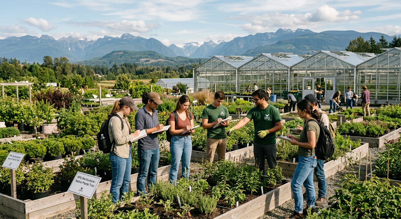 Kwantlen Polytechnic University Langley campus greenhouse and horticulture gardens, students examining plants in outdoor nursery beds with lush green surroundings, British Columbia landscape in background