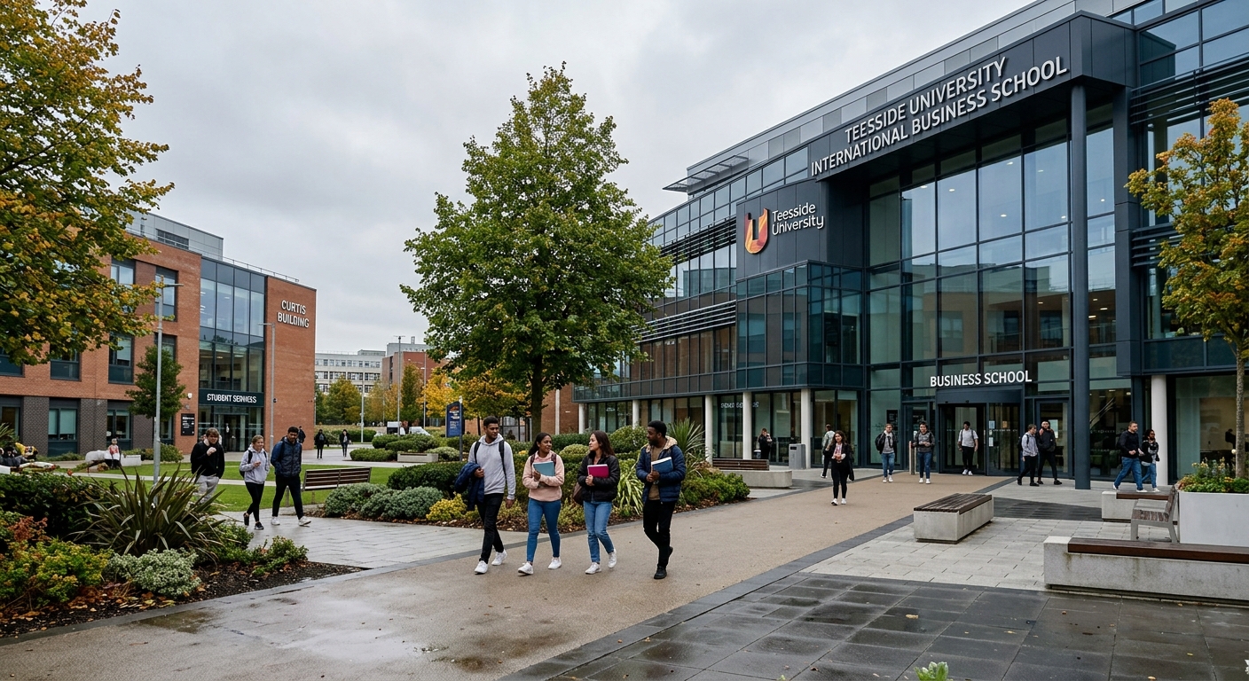 Modern Teesside University campus in Middlesbrough, glass-fronted business school building, students walking through landscaped courtyard, contemporary architecture with university signage, overcast English sky