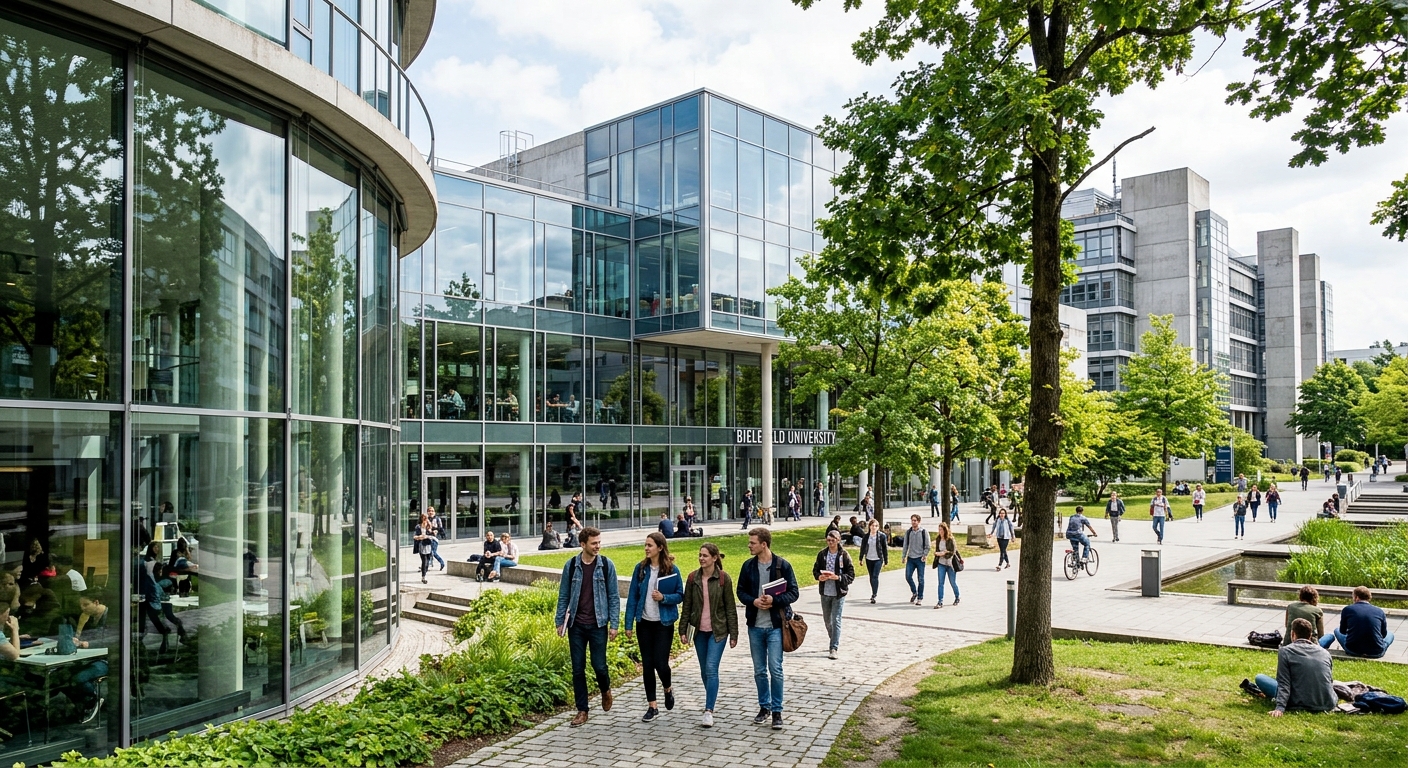 Modern university campus building at Bielefeld University with glass facades and green courtyards, students walking on pathways surrounded by contemporary architecture and trees in North Rhine-Westphalia, Germany