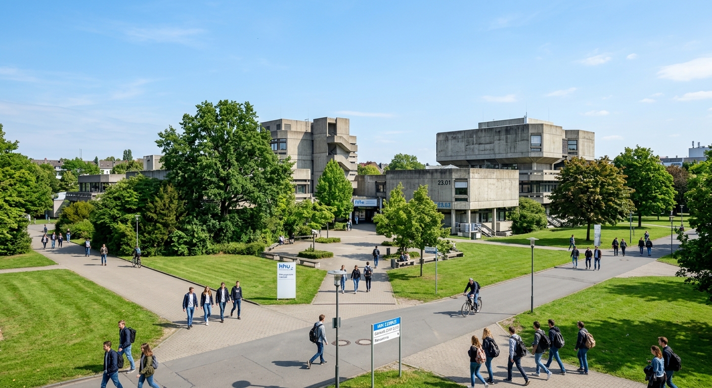 Heinrich Heine University Düsseldorf modern campus wide shot, brutalist concrete university buildings surrounded by green lawns and mature trees, Bilk district, clear blue sky, students walking on pathways