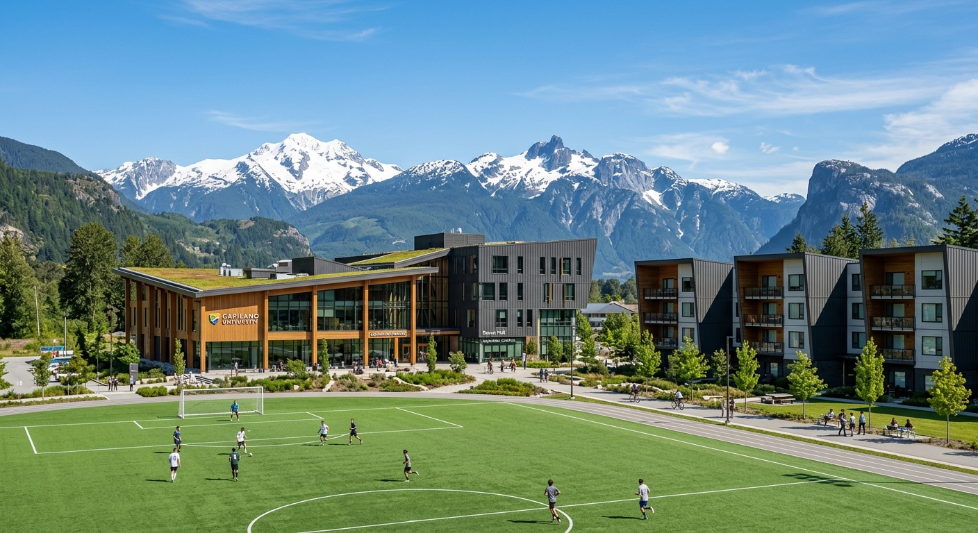 Capilano University Squamish campus modern buildings with mountain views, green turf field, student residences, clear sky with snow-capped peaks in background