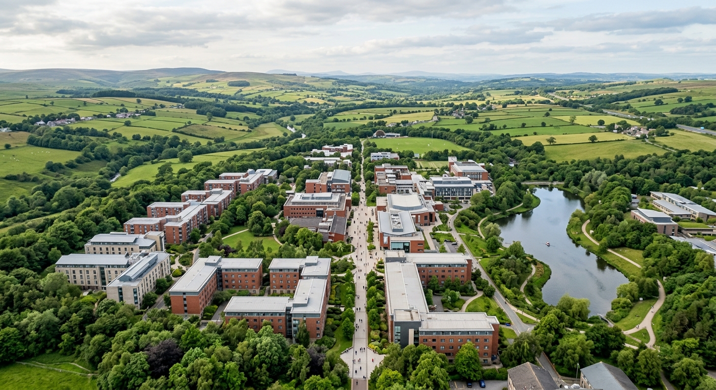 Lancaster University Bailrigg campus aerial view, green parkland setting with modern collegiate buildings, the Spine walkway connecting colleges, Lake Carter visible, rolling Lancashire hills in the background under soft English light