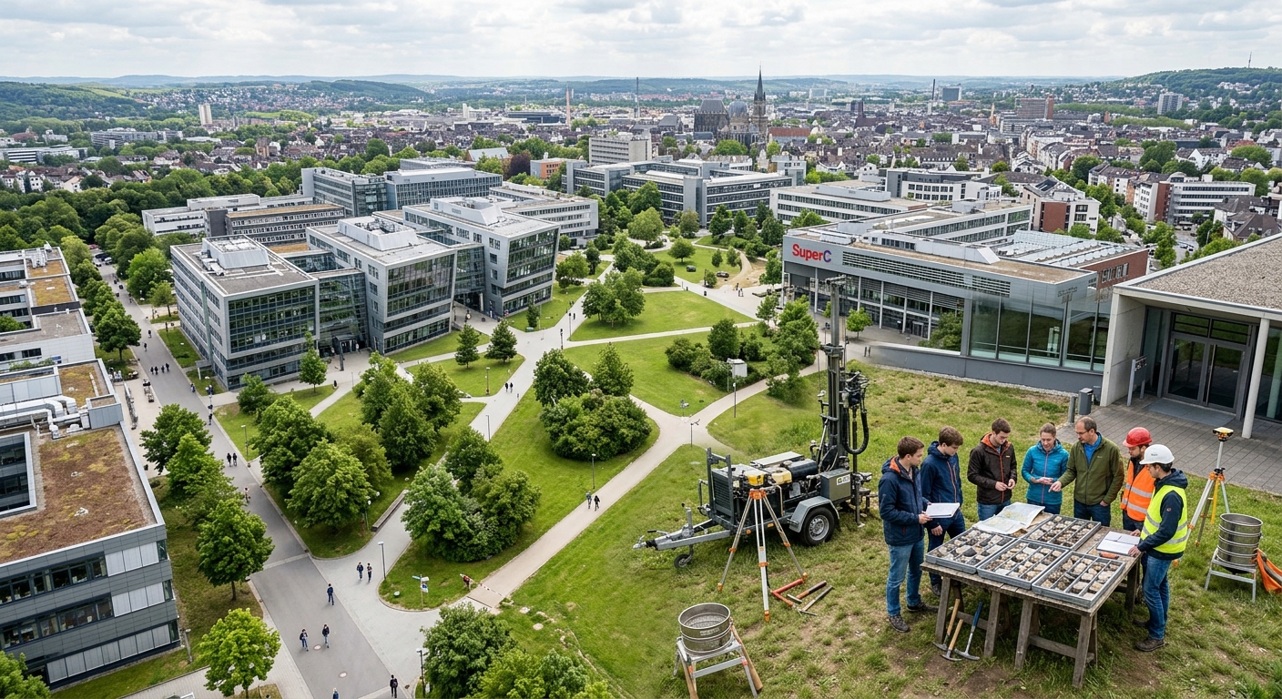 Aerial view of RWTH Aachen University campus with modern faculty buildings surrounded by green spaces, geological field equipment in foreground, students examining rock samples outdoors in Aachen, Germany