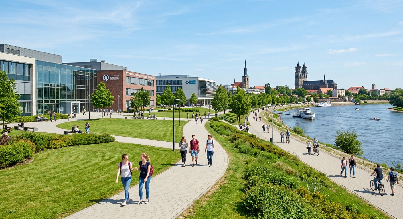 Otto-von-Guericke University Magdeburg modern campus building with green lawns, students walking along pathways near the Elbe River, bright daylight with clear sky over Saxony-Anhalt cityscape