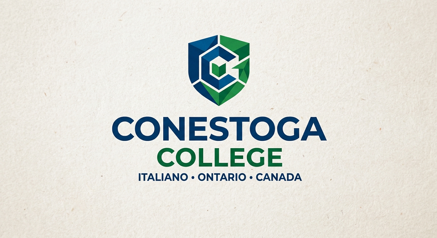 Conestoga College official logo featuring stylized blue and green text with a geometric shield emblem