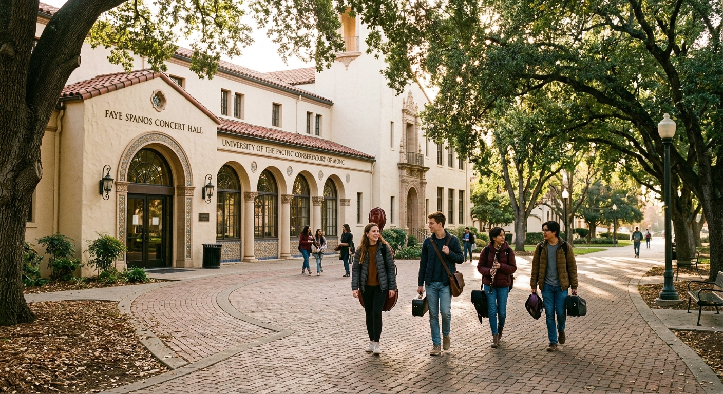 University of the Pacific Conservatory of Music building with Faye Spanos Concert Hall, tree-lined campus walkway in Stockton California, students carrying instrument cases, warm sunlight filtering through mature trees