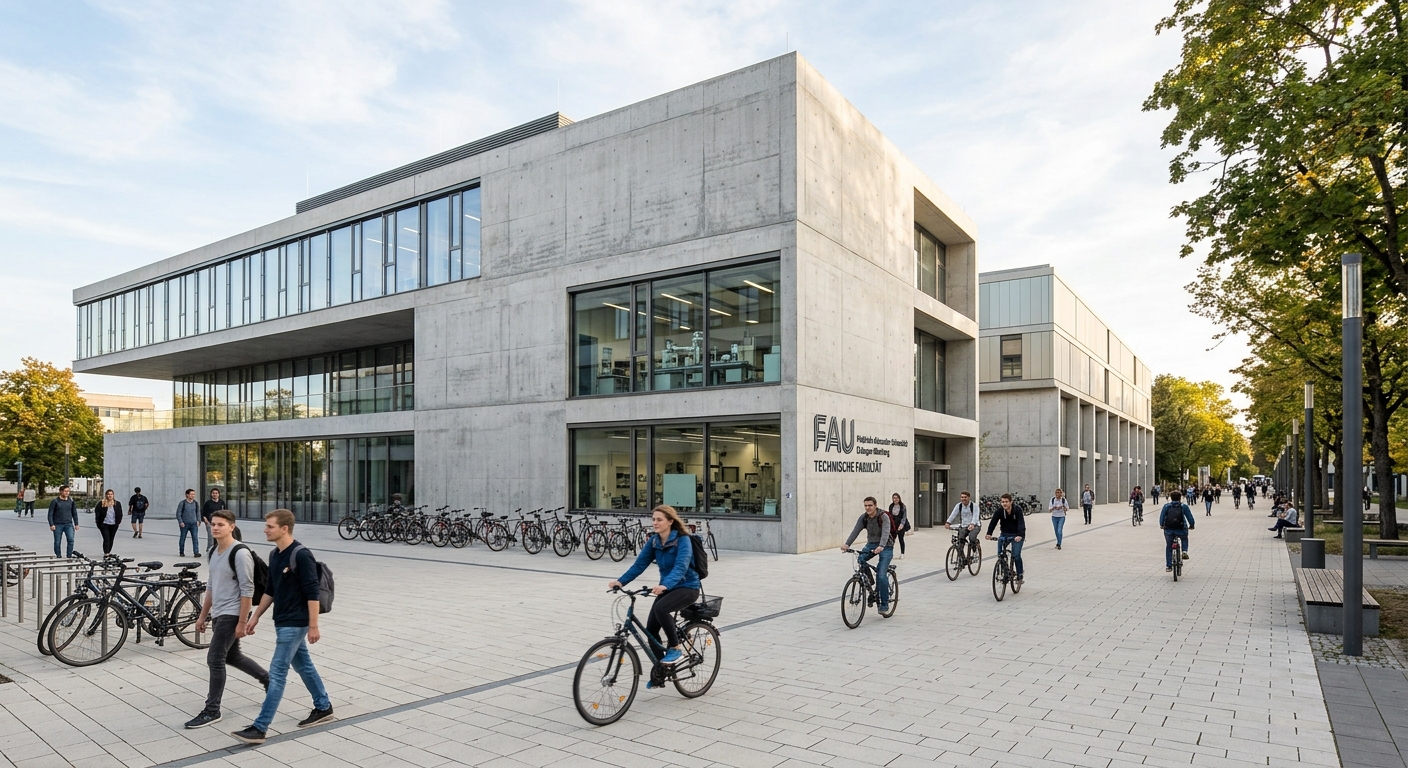 FAU South Campus Erlangen modern engineering buildings, concrete architecture, research laboratories, wide pedestrian areas, students with bicycles