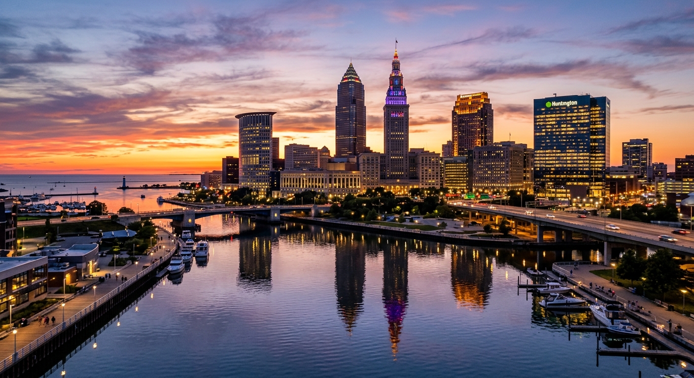 Downtown Cleveland Ohio skyline at sunset with Terminal Tower, Key Tower, and modern skyscrapers reflected in the Cuyahoga River, Lake Erie visible in the background
