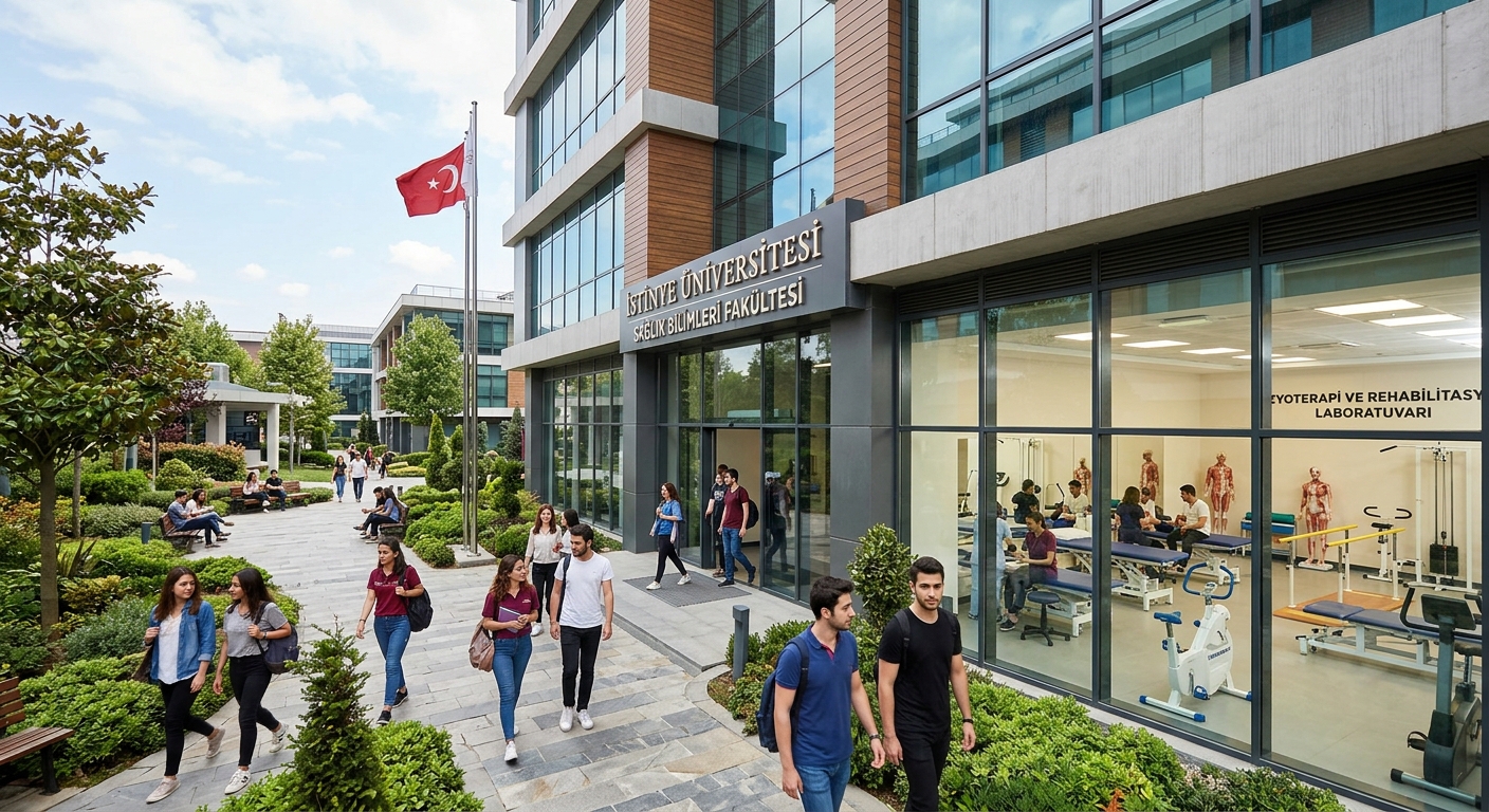 Modern Istinye University campus building in Istanbul with health sciences faculty entrance, students walking through landscaped courtyard, physiotherapy laboratory equipment visible through glass windows, Turkish flag, bright daylight
