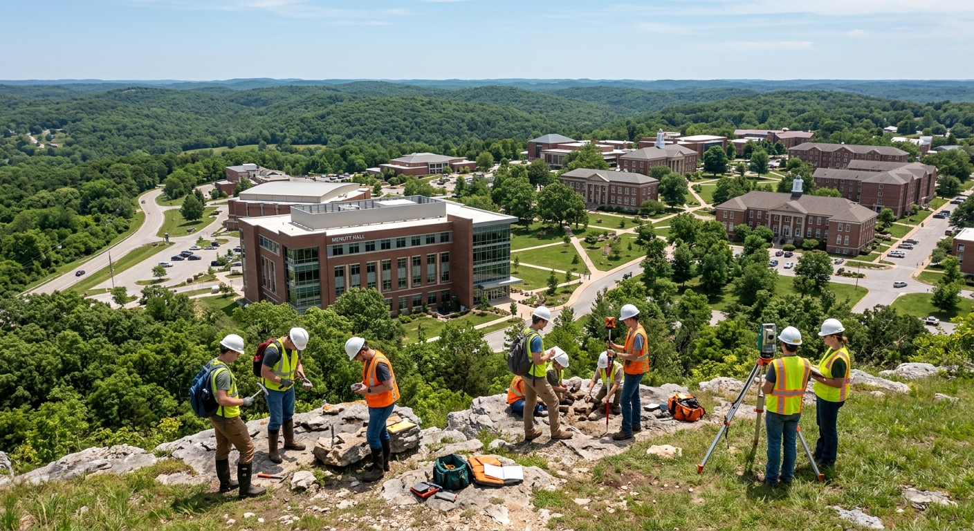 Aerial view of Missouri S&T campus in Rolla, Missouri with McNutt Hall and surrounding Ozark hills, geological engineering students conducting fieldwork with rock samples and surveying equipment on a sunny day