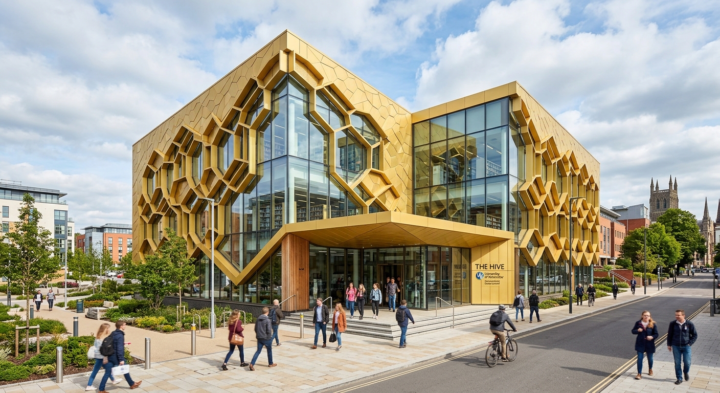 The Hive Library Worcester, modern honeycomb-inspired golden architecture, large glass windows, people entering the building, contemporary urban setting