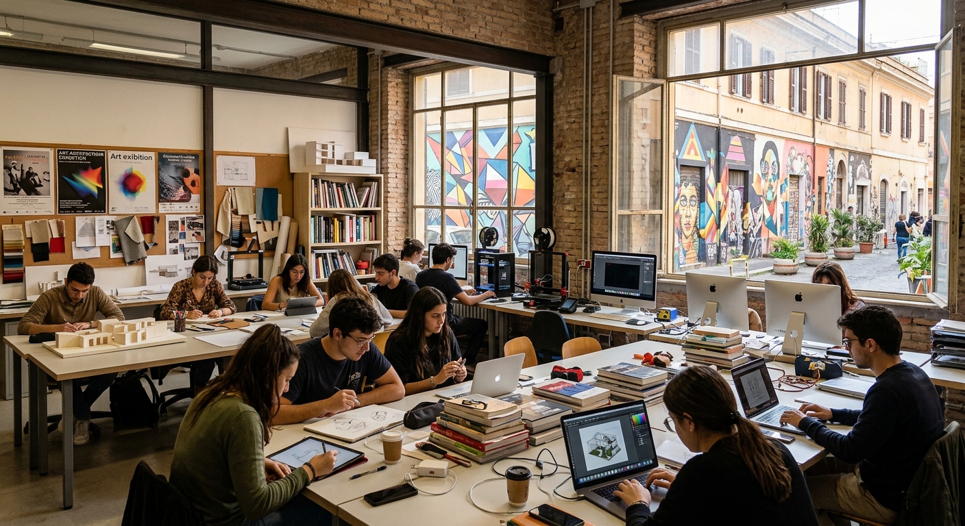 IED Rome Pigneto campus area, creative student workspace with digital labs and design studios, street art visible on nearby buildings, vibrant urban setting
