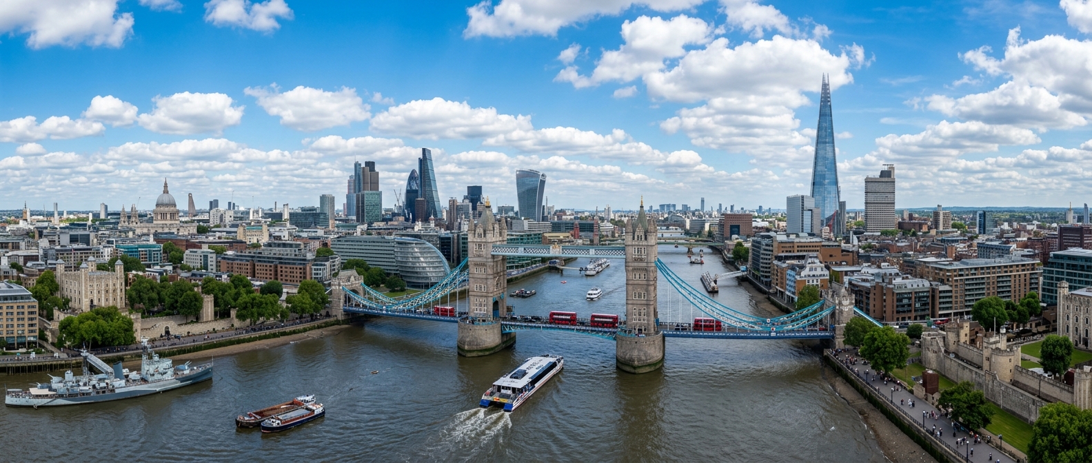 London cityscape panoramic view, River Thames with Tower Bridge and the Shard in the background, blue sky with scattered clouds, iconic red double-decker buses on the bridge