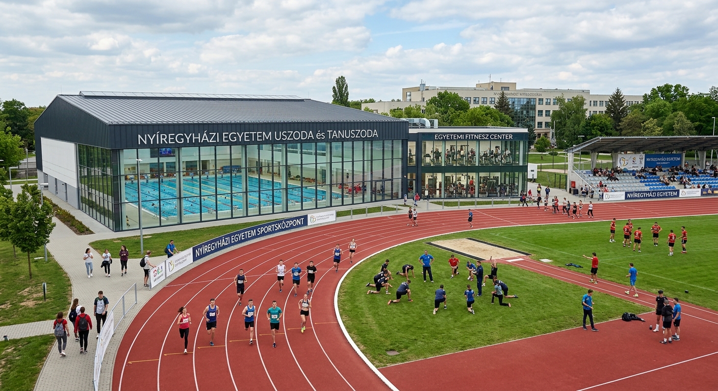 University of Nyíregyháza sports complex featuring an outdoor athletics track, swimming pool building, and fitness center with students exercising