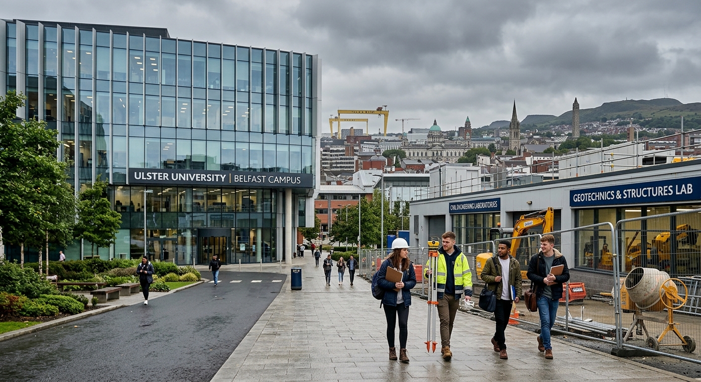 Modern Ulster University Belfast campus building with glass facade, civil engineering students walking near construction laboratory facilities, Belfast cityscape in background, overcast sky typical of Northern Ireland