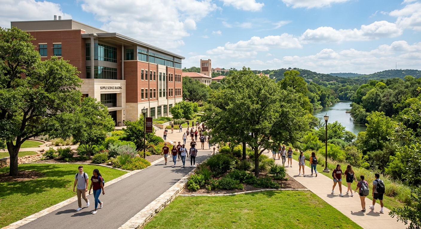 Texas State University campus in San Marcos with the Supple Science Building, lush green landscape, San Marcos River visible in background, students walking along tree-lined pathways under bright Texas sunshine