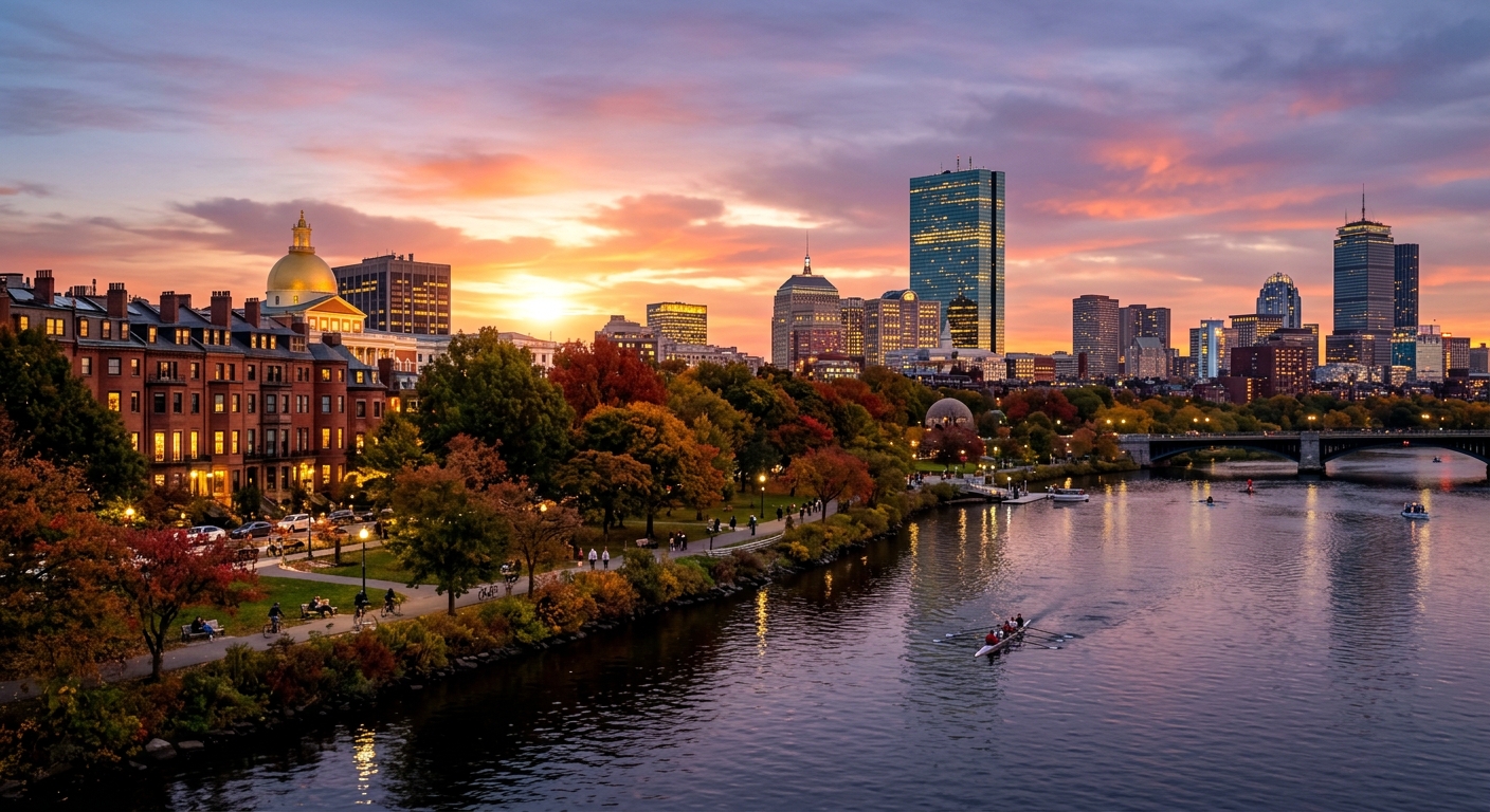 Boston Massachusetts skyline at sunset with Charles River in the foreground, historic brownstone buildings, modern skyscrapers, and autumn foliage along the Esplanade