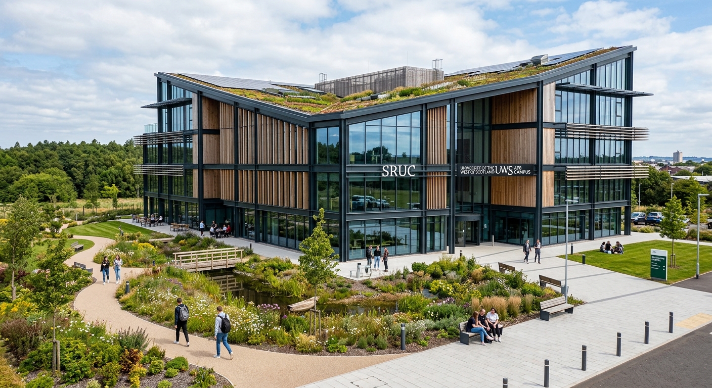 SRUC Ayr campus modern glass and steel building, BREEAM-rated sustainable architecture, shared with University of the West of Scotland, landscaped grounds