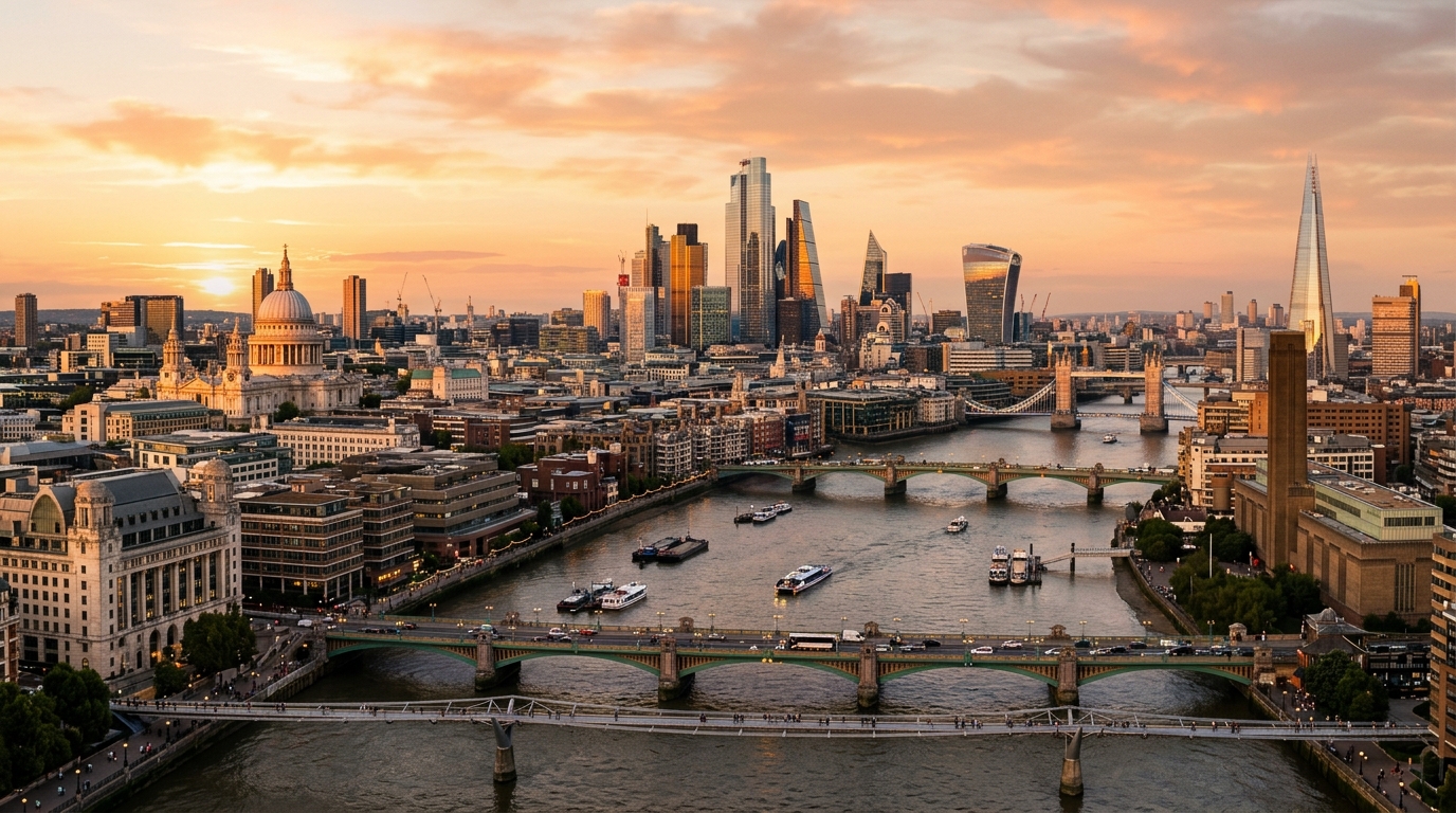 London cityscape panorama showing the City of London financial district skyline, St Paul's Cathedral, the Gherkin, modern skyscrapers, River Thames, golden hour light