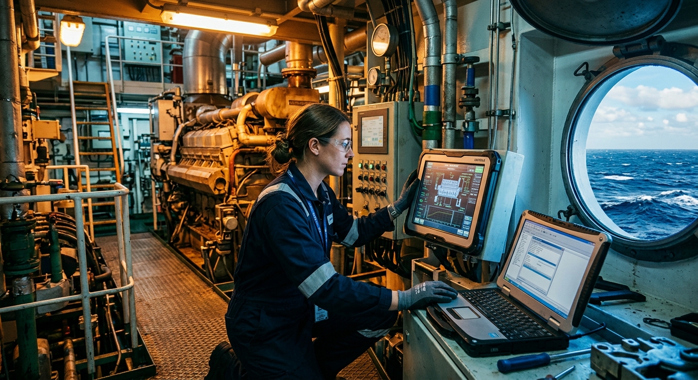 Maritime engineering professional working on ship engine room equipment with digital monitoring systems, ocean visible through porthole, warm industrial lighting with blue maritime tones
