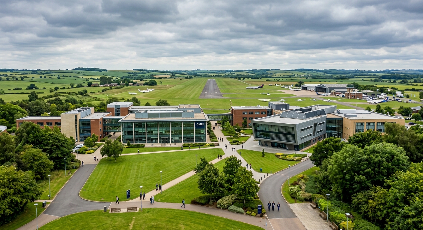 Cranfield University campus wide shot showing modern academic buildings set in the green Bedfordshire countryside, with the historic airfield visible in the background, overcast English sky, well-maintained lawns and pathways