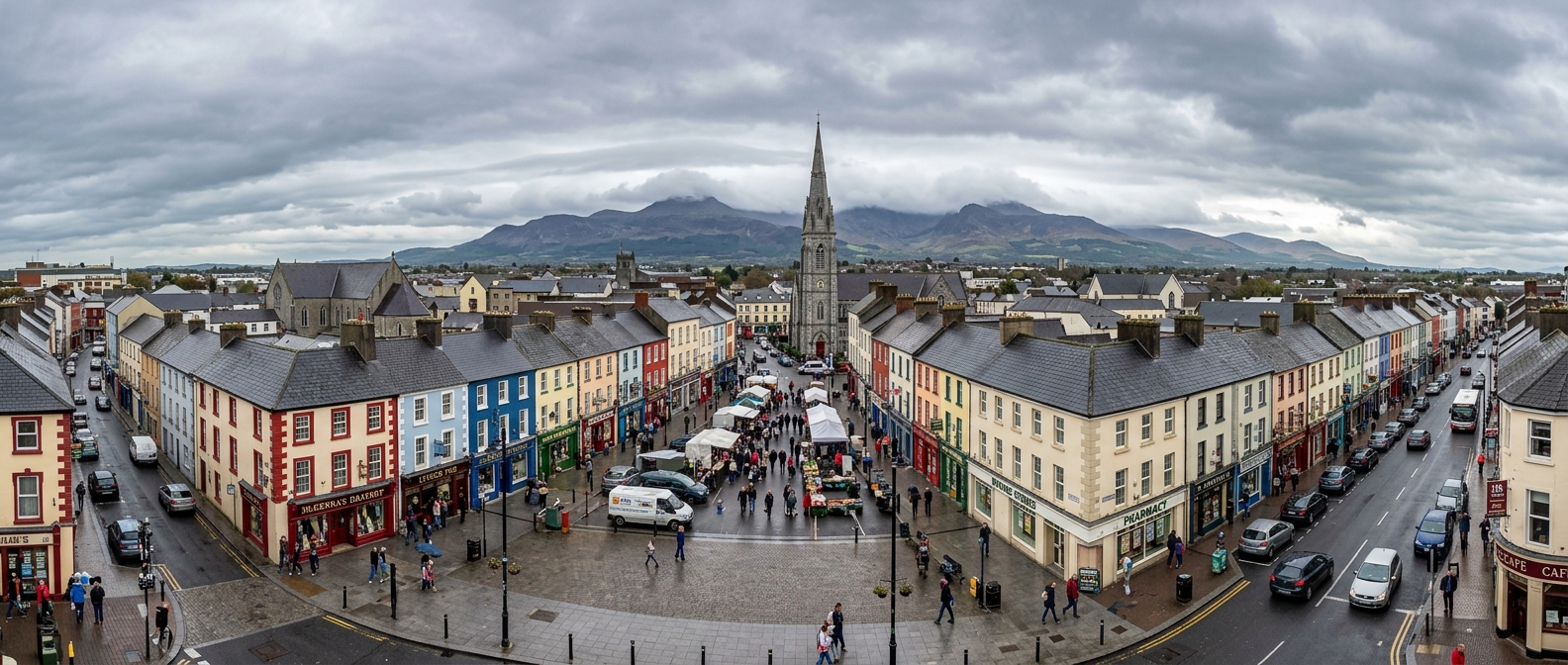 Dundalk town centre panoramic view, historic market square, colourful shopfronts, Cooley Mountains in the distance, overcast Irish sky, pedestrians on streets
