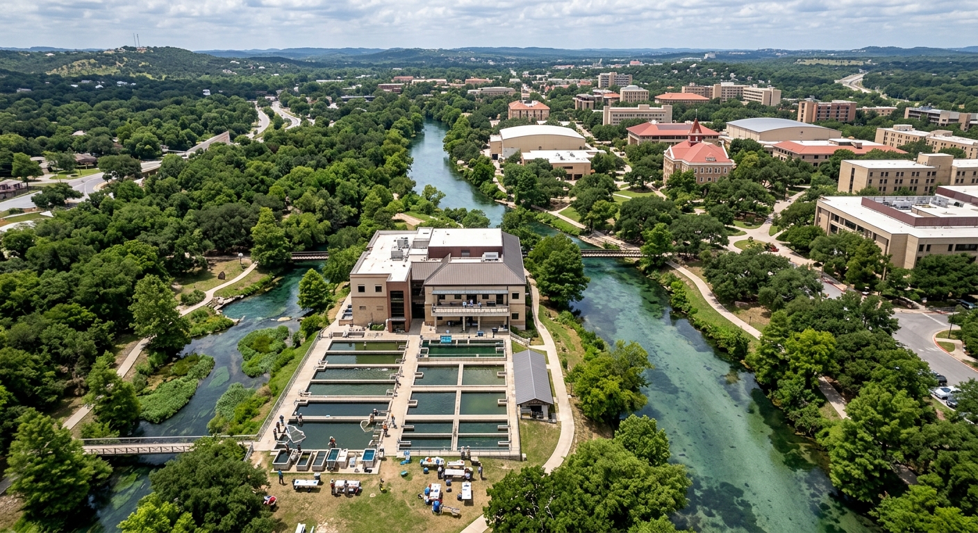Aerial view of Texas State University campus in San Marcos with the San Marcos River flowing through lush green landscapes, Freeman Aquatic Biology Building overlooking experimental ponds, students conducting field research near spring-fed waters