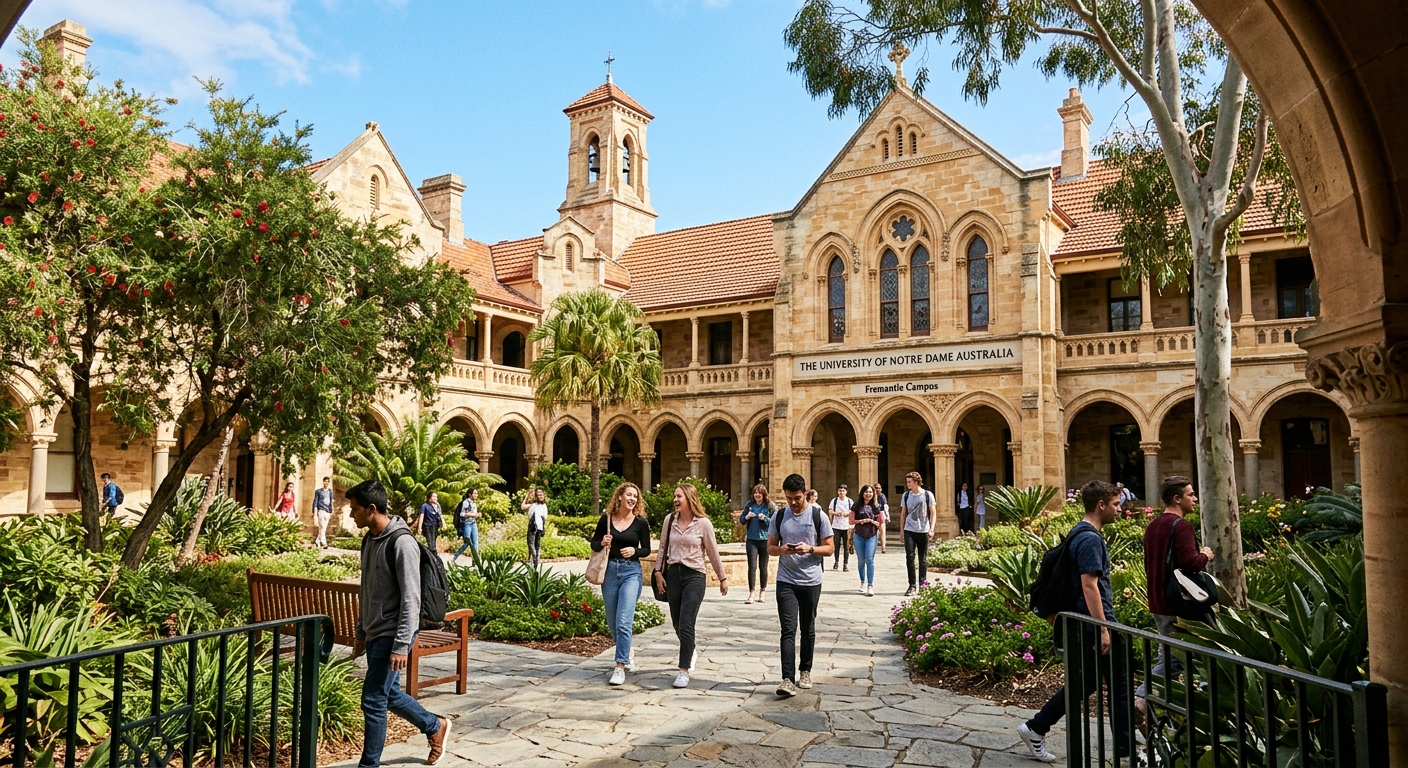 Historic sandstone university buildings in Fremantle Western Australia with students walking through a sunlit courtyard, heritage architecture with arched windows, lush greenery and blue sky